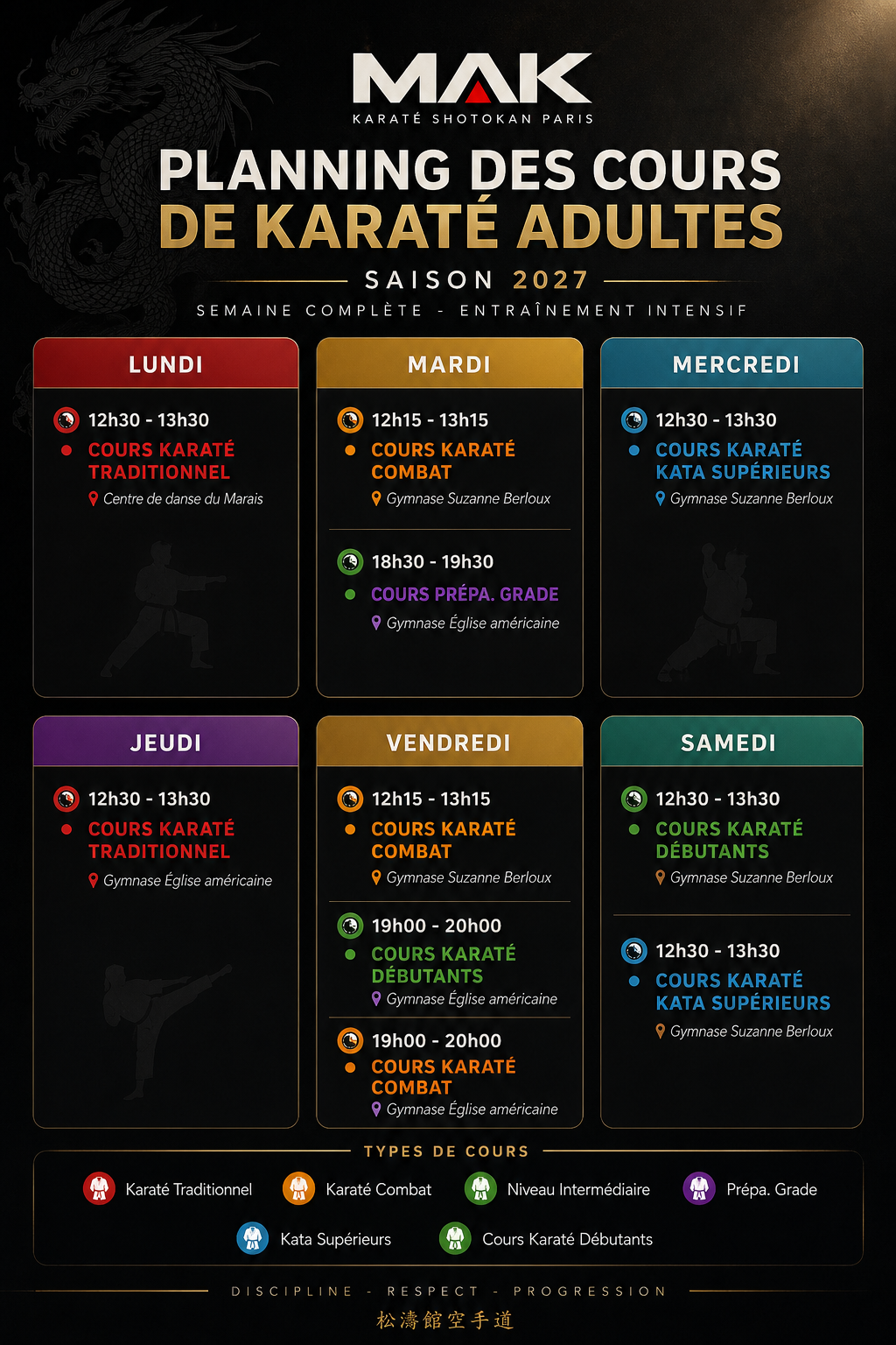 Planning Cours Karaté Adultes MAK